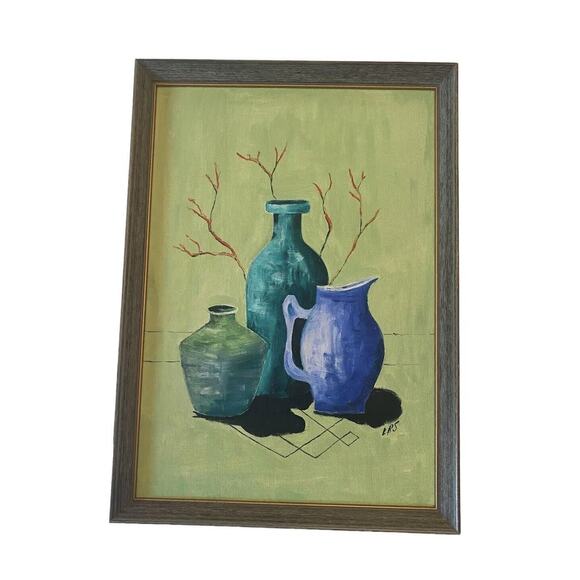 Mid 20th Century Painting Oil On Board Still Life “Three Jugs” Artist Signed - Picture 12 of 12